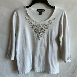 Christine Alexander white 3/4-sleeve top with gold and silver bling, size S